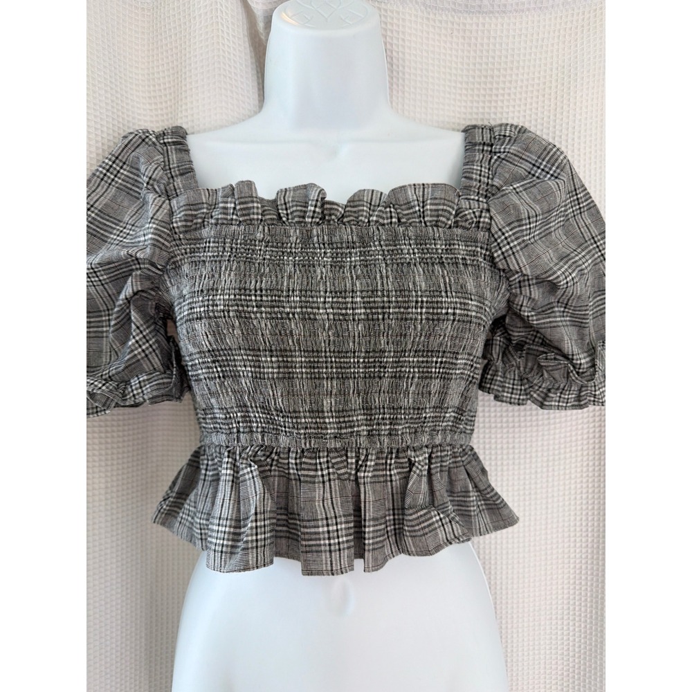 English Factory Plaid Smocked Puff Sleeve Crop Top Black White XS NWT womens